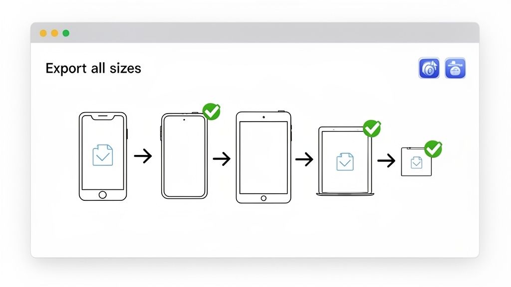 An illustration showing a document icon being exported across various device sizes: smartphone, tablet, and laptop, with success checkmarks.