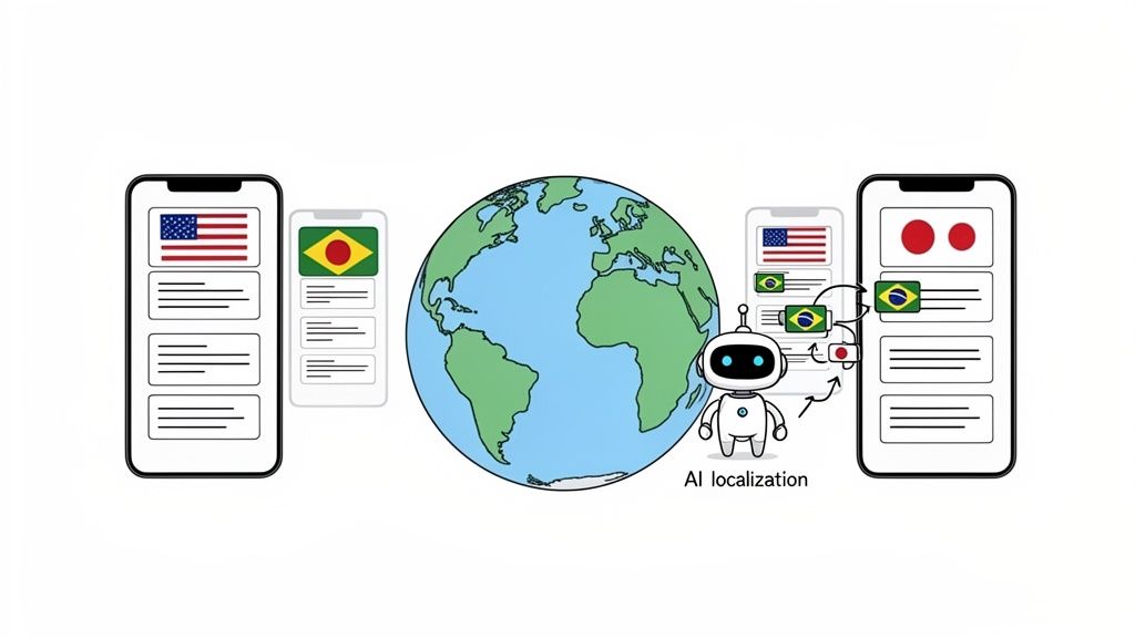 An AI robot localizes app content with US, Brazil, and Japan flags, symbolizing global reach.