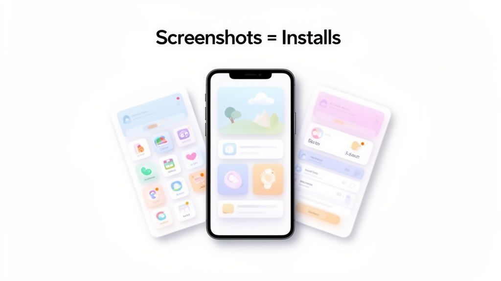 Three modern smartphones showcasing app screenshots and colorful interfaces, with 'Screenshots = Installs' text.