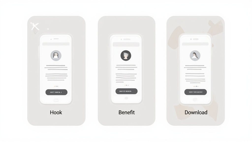 Three mobile app screens showing onboarding steps labeled Hook, Benefit, and Download with user profiles
