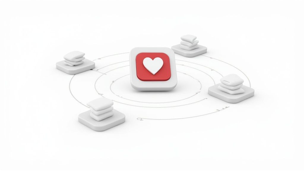 Central red heart icon connected to white stacked platforms showing social media network distribution