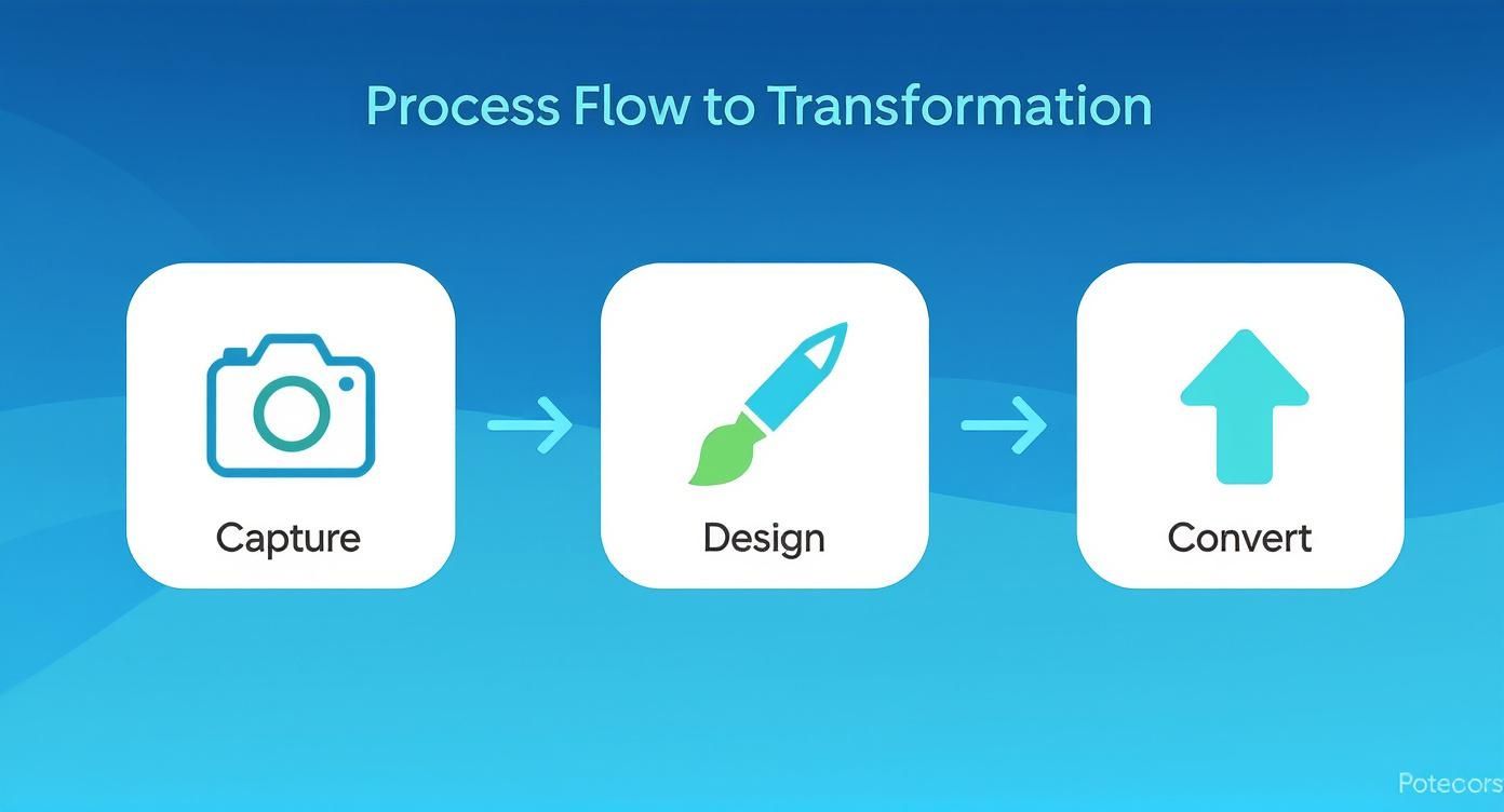 Process flow diagram showing steps: Capture (camera), Design (paintbrush), and Convert (upward arrow).