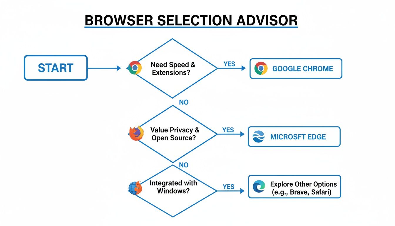A flowchart advising on browser selection based on needs like speed, extensions, privacy, and Windows integration.
