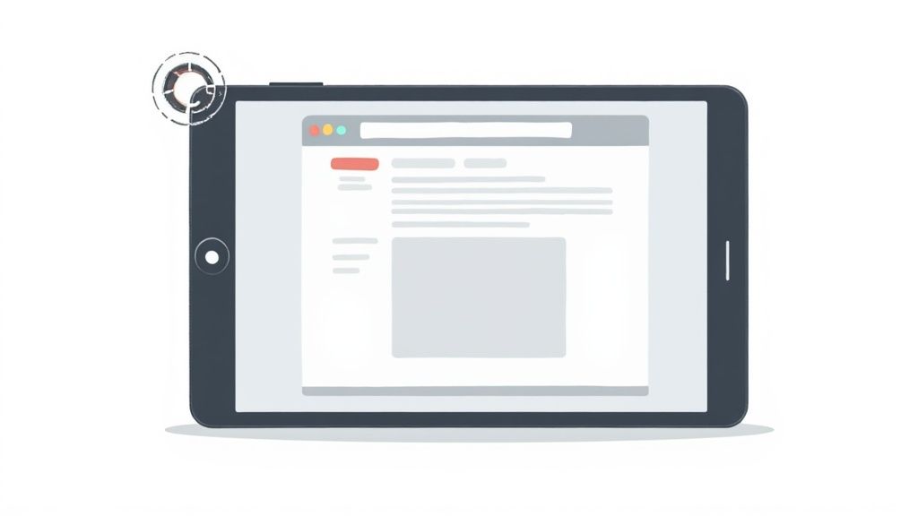 A tablet screen showing a long, scrolling screenshot being captured, with vibrant colors highlighting the continuous image.