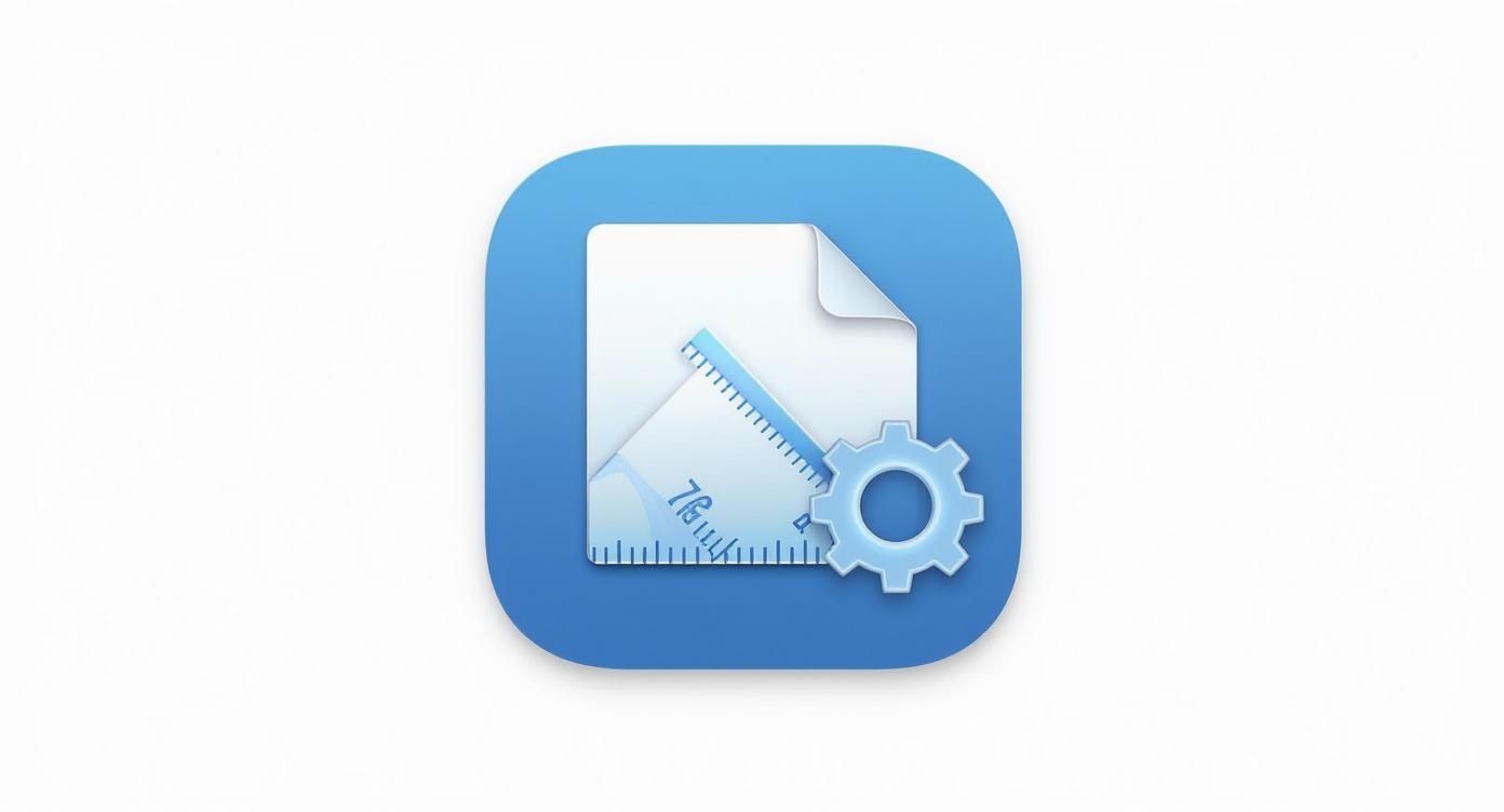iOS app icon showing document with ruler, gear symbol, and folded corner on blue gradient background
