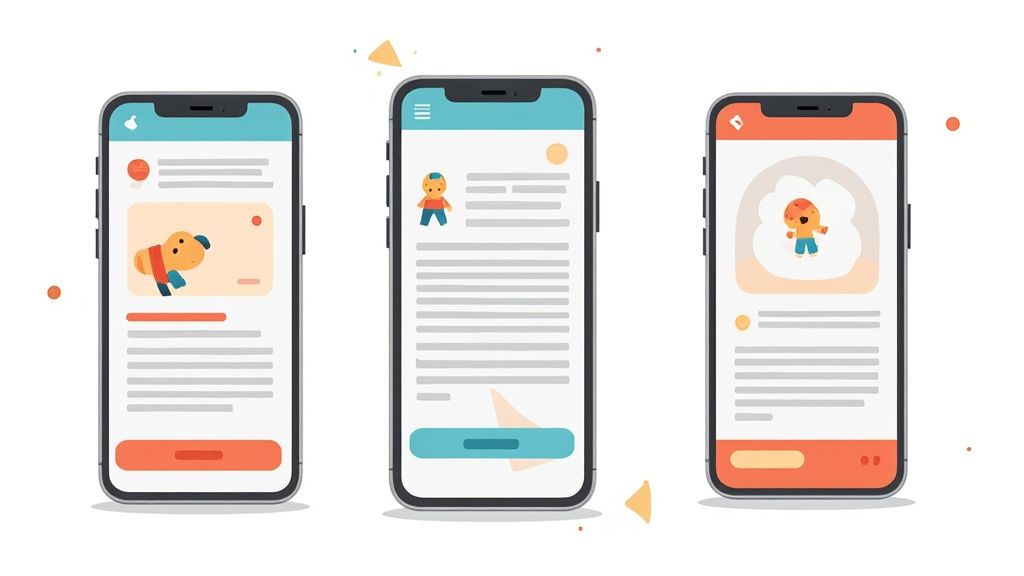 Three smartphones showcasing different screens of a vibrant mobile application user interface.