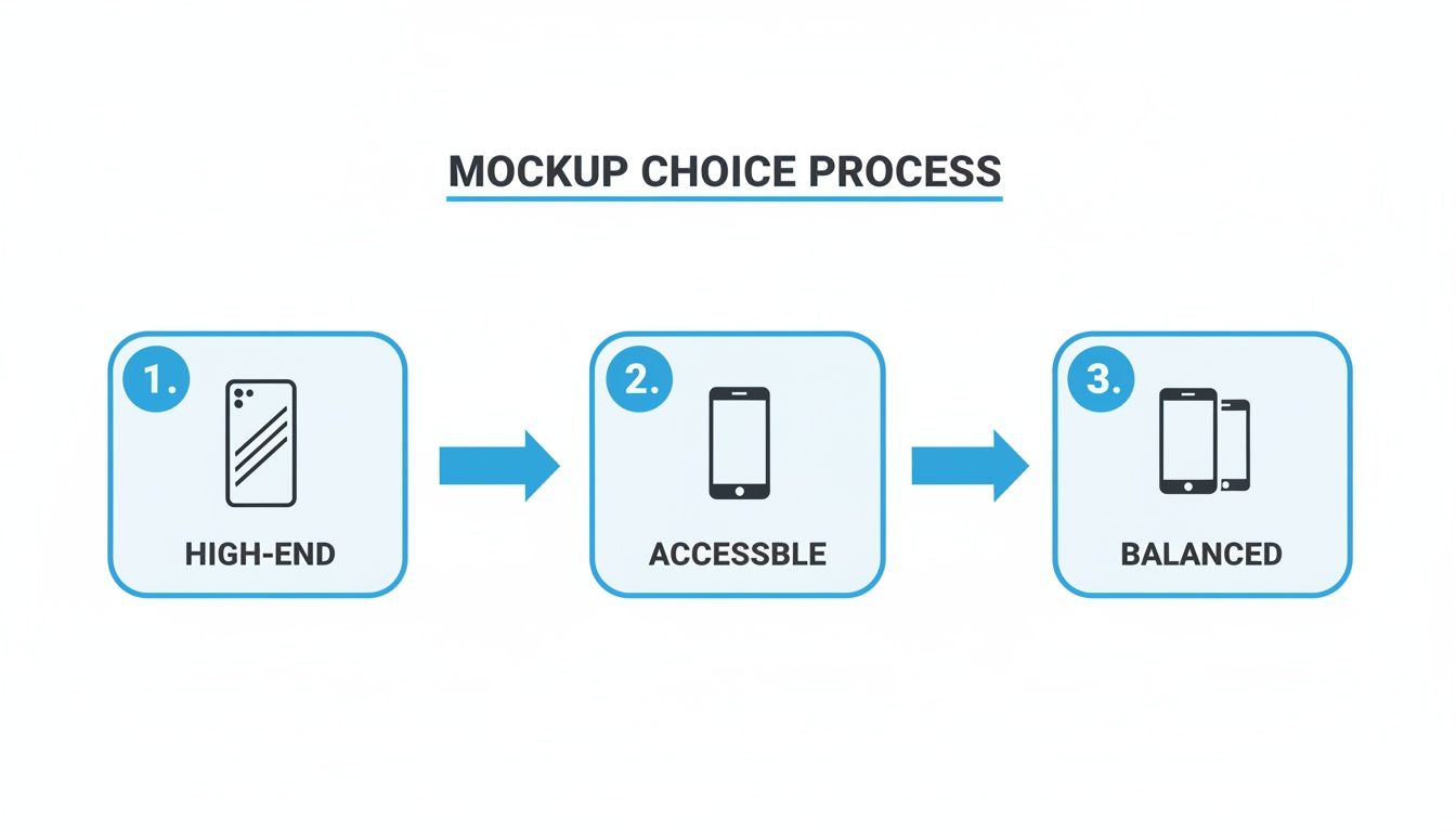 A bright, colorful image showing a side-by-side comparison of two iPhone mockups. The left mockup features a high-end iPhone Pro model with a sleek app interface, labeled 'For Premium Apps'. The right mockup shows a standard iPhone model with a user-friendly app, labeled 'For Broad Appeal'.
