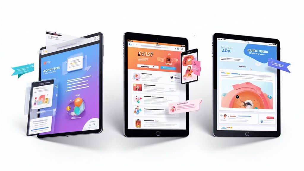 Three tablets and a smartphone displaying vibrant, interactive digital interfaces and web designs.