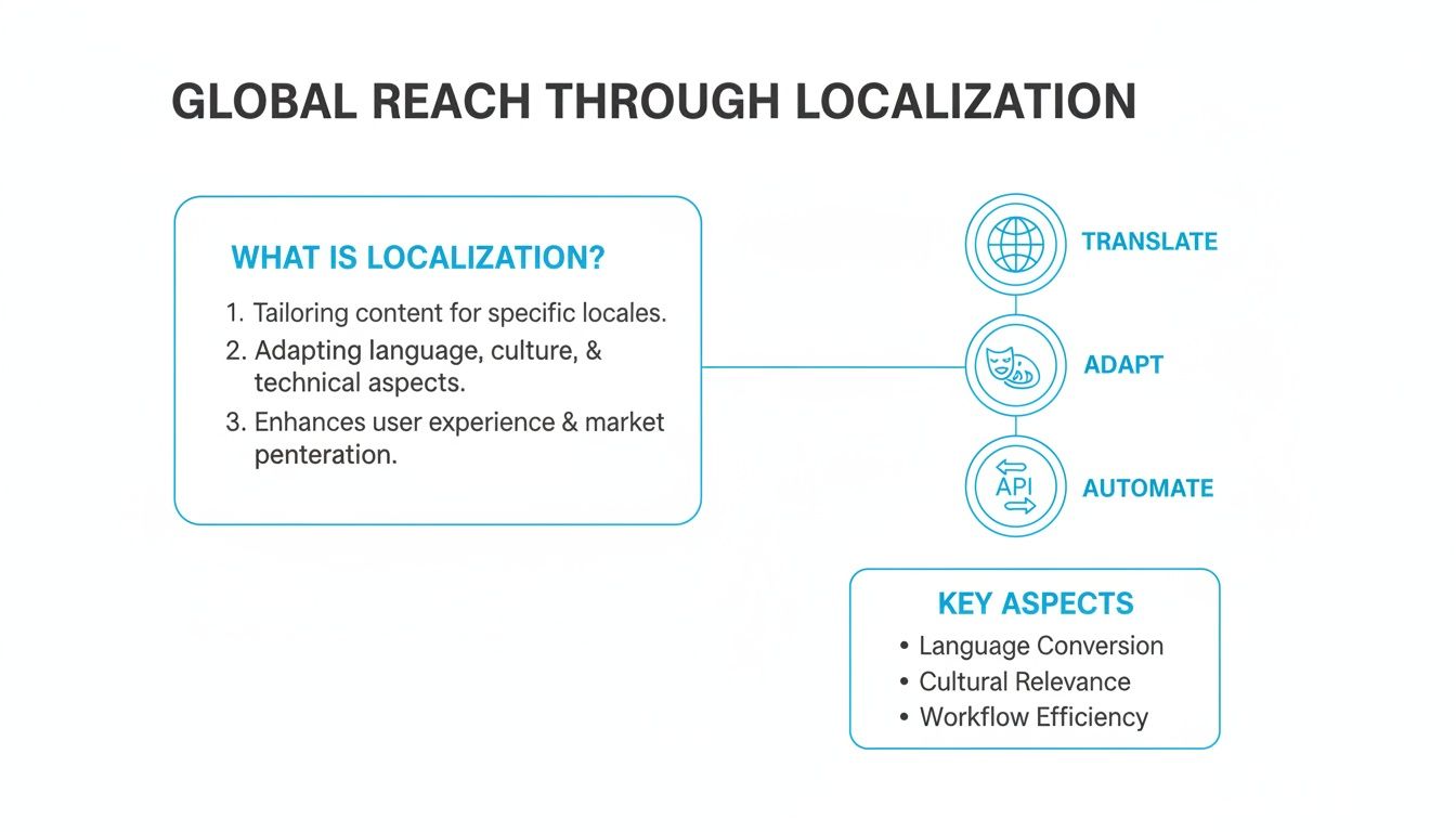 Infographic explaining global reach through localization: definition, process (translate, adapt, automate), and key aspects.