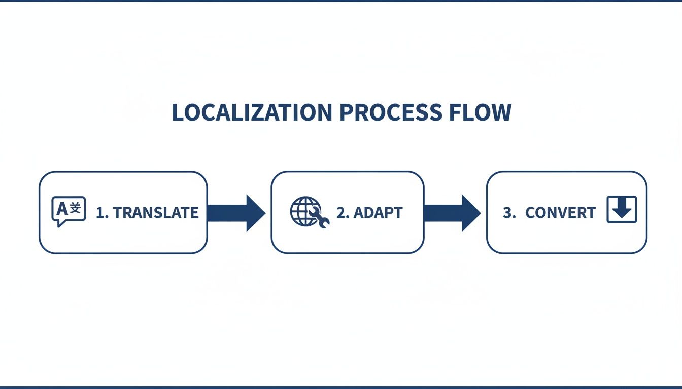 A visual flow diagram explaining the three-step localization process: translate, adapt, and convert.