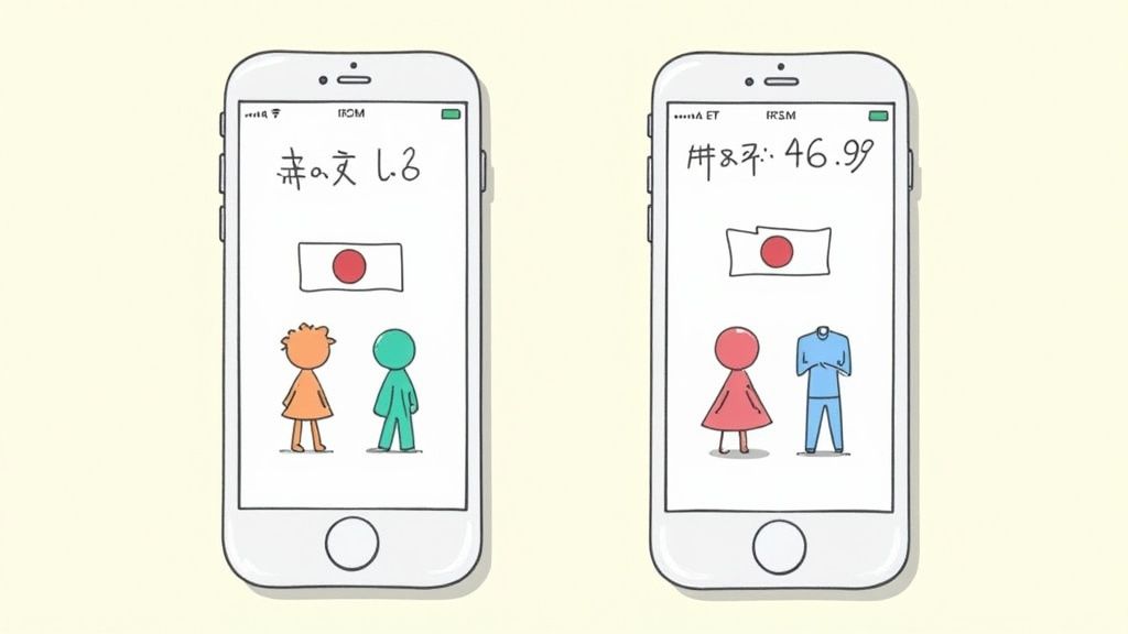 App store screenshots being localized for different countries, showing different languages and currencies.