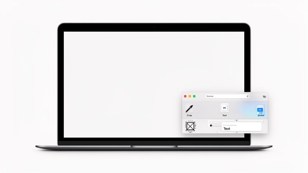 A silver MacBook laptop on a white background displaying a screenshot editing window with crop and text tools.