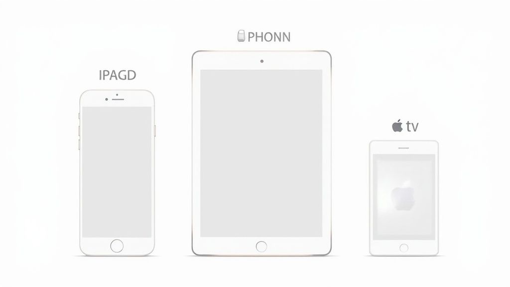 Minimalist illustration of three white mobile devices with parody names: IPAGD, PHONN, and Apple TV.
