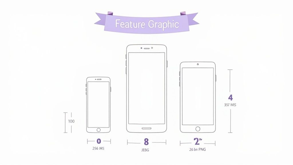 Illustration of mobile feature graphic sizes and file types like JEBG and PNG for app store optimization.