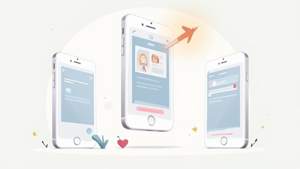 Three white smartphones display social media app interfaces, with one showing an outgoing orange arrow.