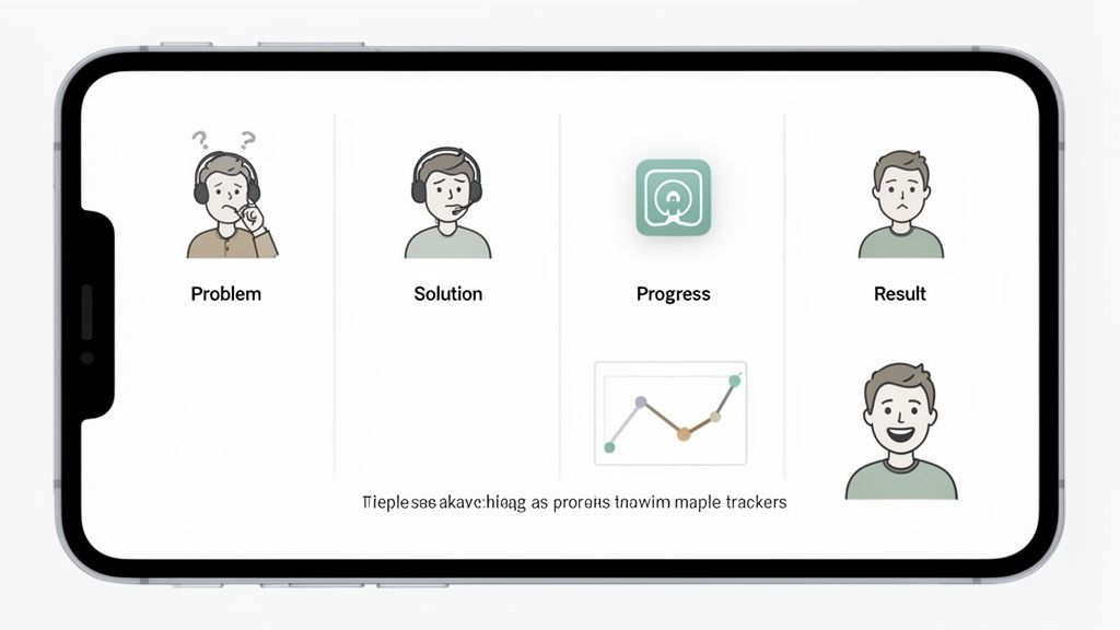 An iPhone screen displaying an app preview with sections for problem, solution, progress, and result, featuring user icons and a graph.