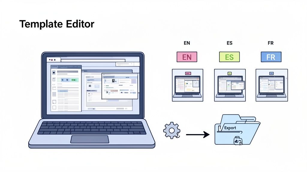 A diagram illustrates a laptop running a template editor, enabling multi-language content creation and export.