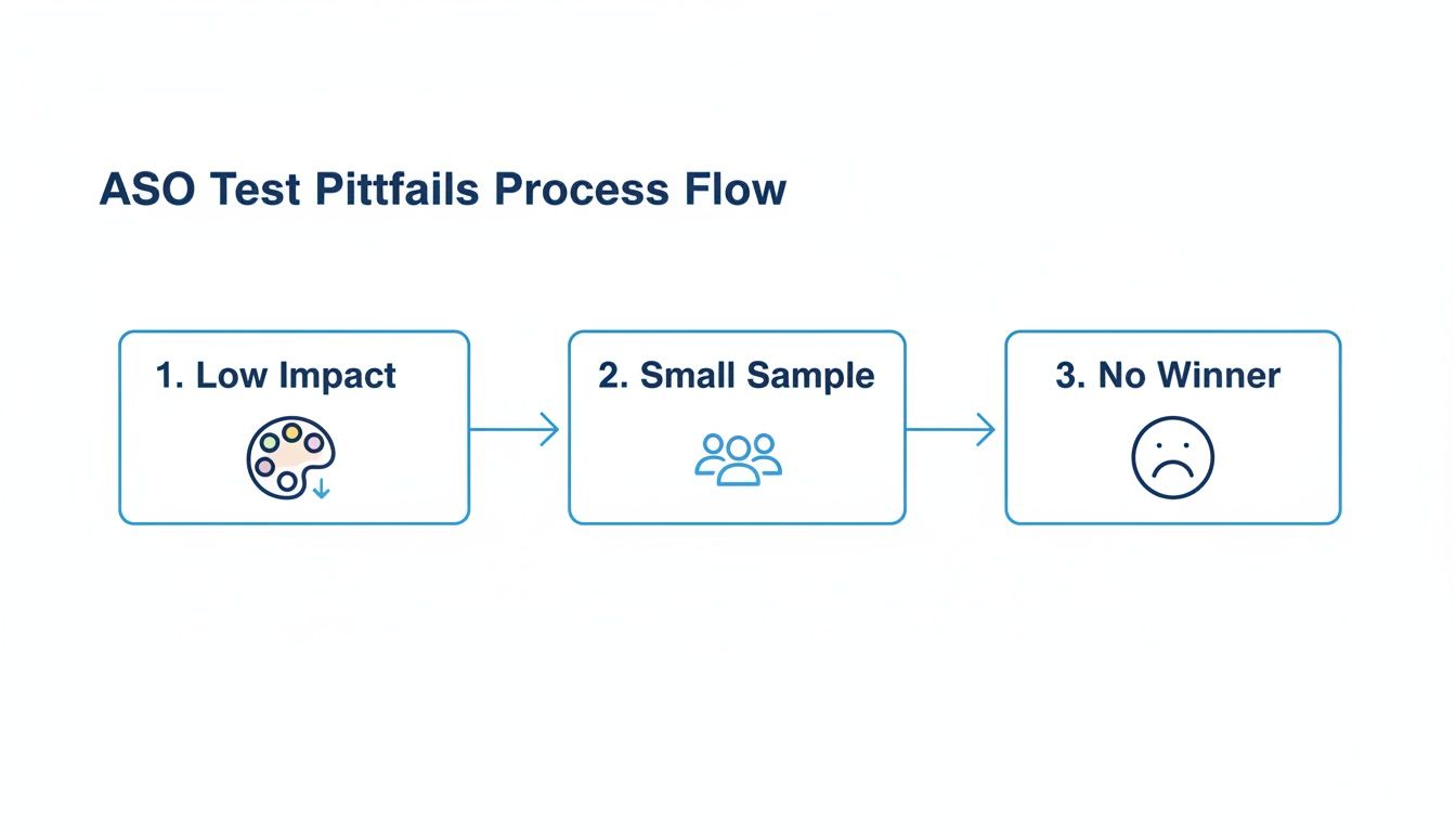 A flowchart detailing ASO test pitfalls, including Low Impact, Small Sample, and No Winner.