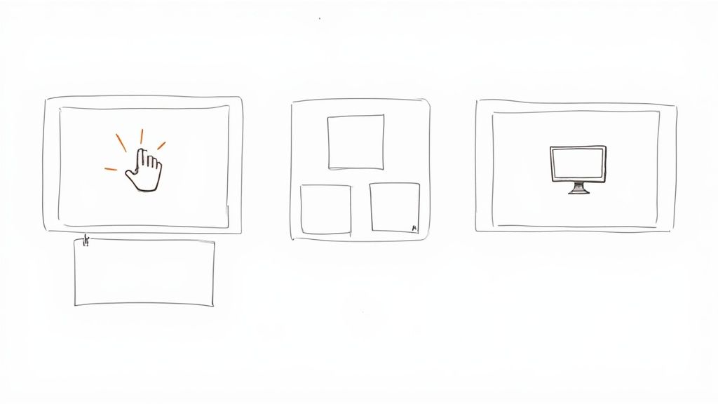 Hand-drawn wireframe sketch showing three screens with click interaction, grid layout, and desktop display