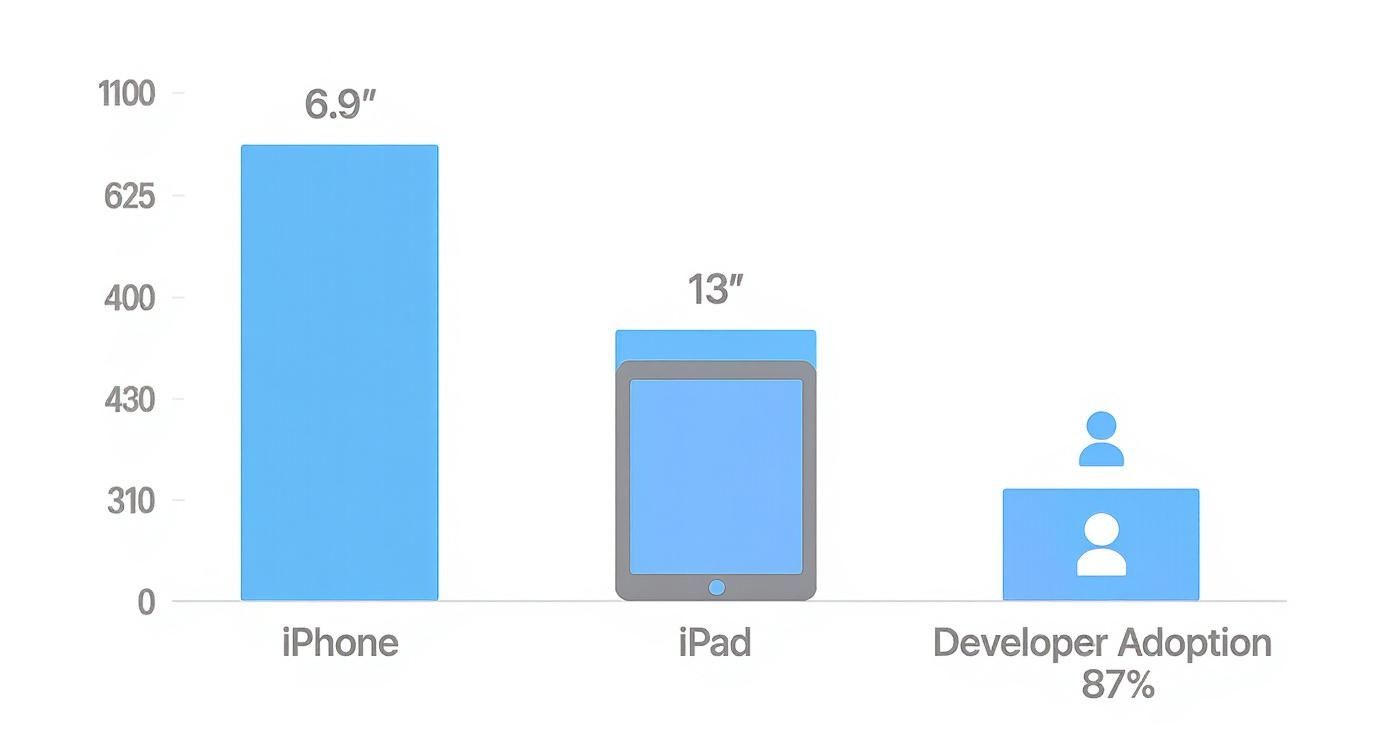 Bar chart comparing iPhone and iPad metrics with screen sizes and developer adoption percentage.