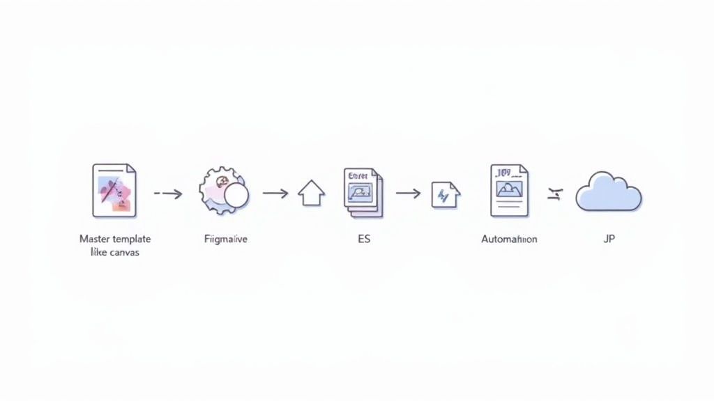 A diagram showing a digital workflow from a master template through various processing steps to a cloud output.