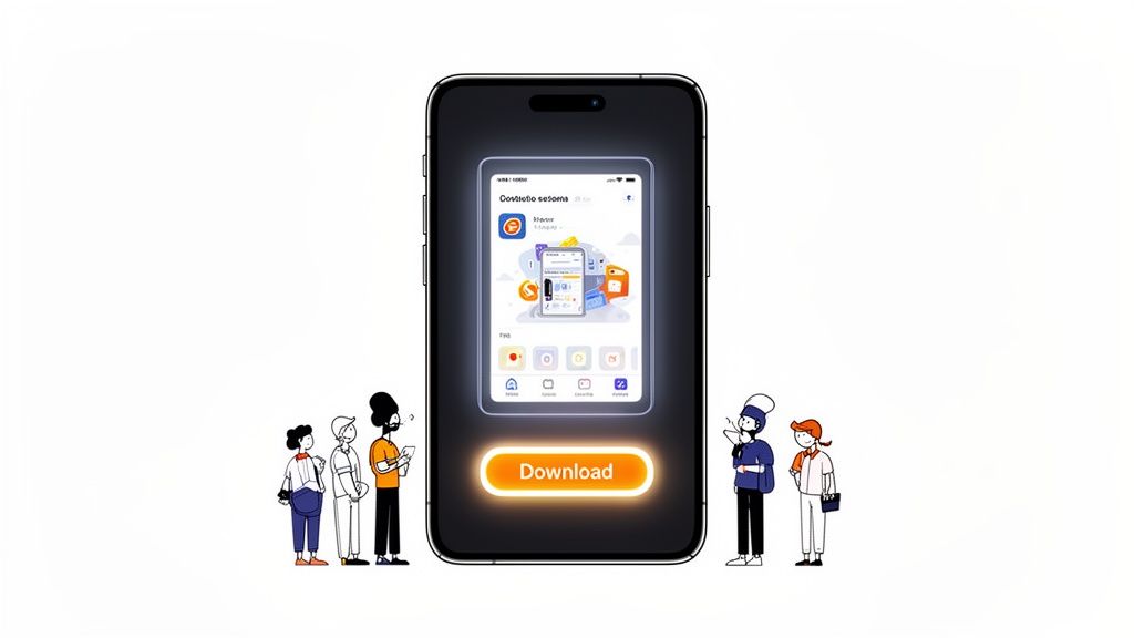 A smartphone displaying an app store interface with a glowing download button, surrounded by stylized cartoon people.