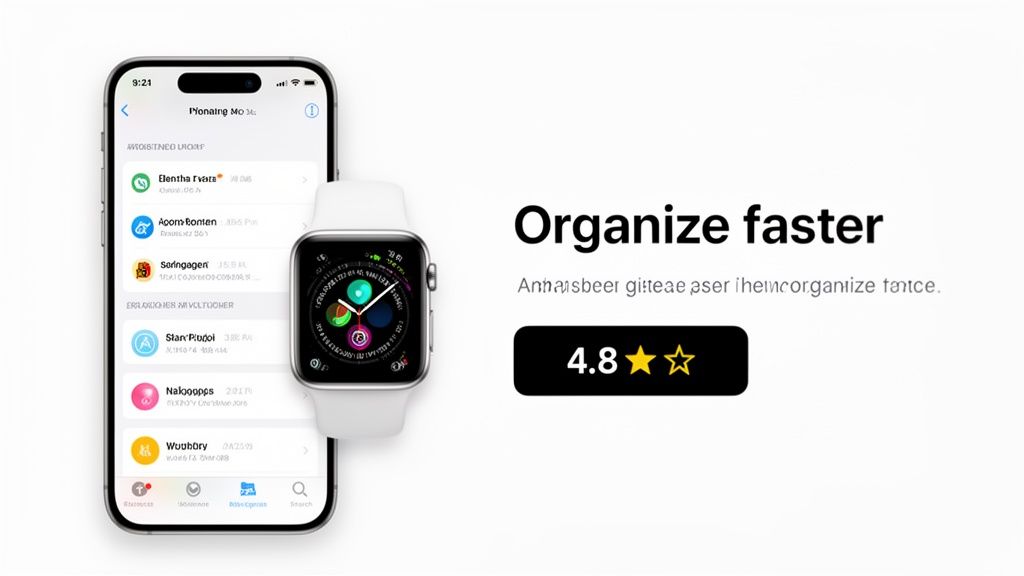 An iPhone and Apple Watch display an app interface, next to text 'Organize faster' and a 4.8-star rating.