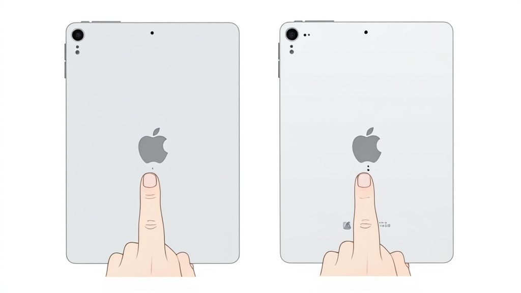 Two iPad Pro models viewed from the back, showing a finger pointing to the Smart Connector.