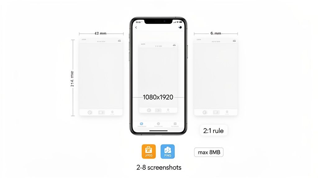 Google Play Store screenshot guidelines, showing an iPhone with 1080x1920 resolution, file formats, size, and quantity requirements.