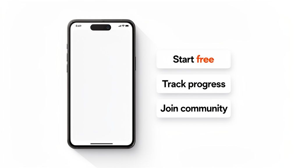 White smartphone mockup with a blank screen, next to three buttons: Start free, Track progress, Join community.