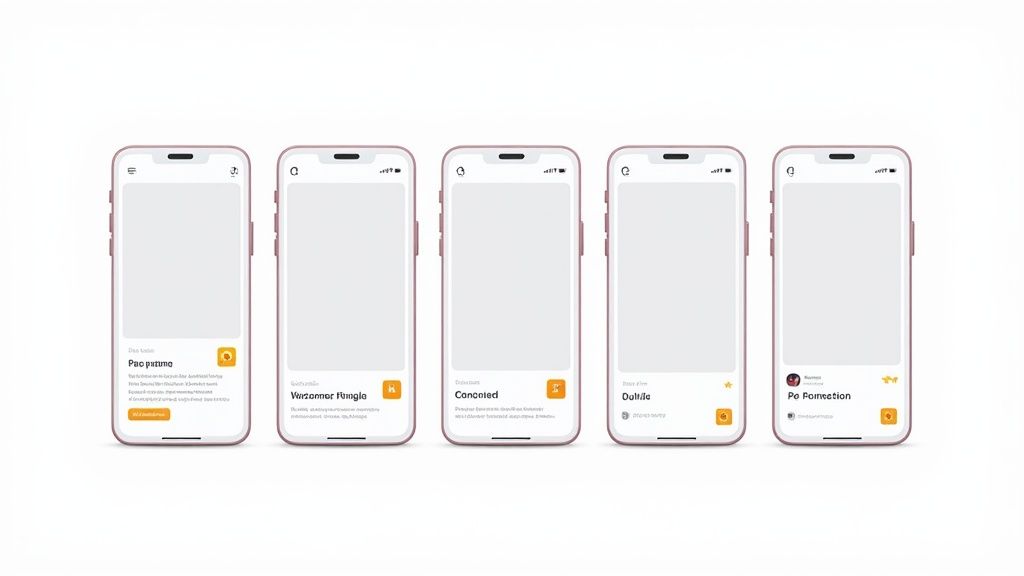 Five pink smartphones displaying various app interfaces with text and icons on a clean white background.