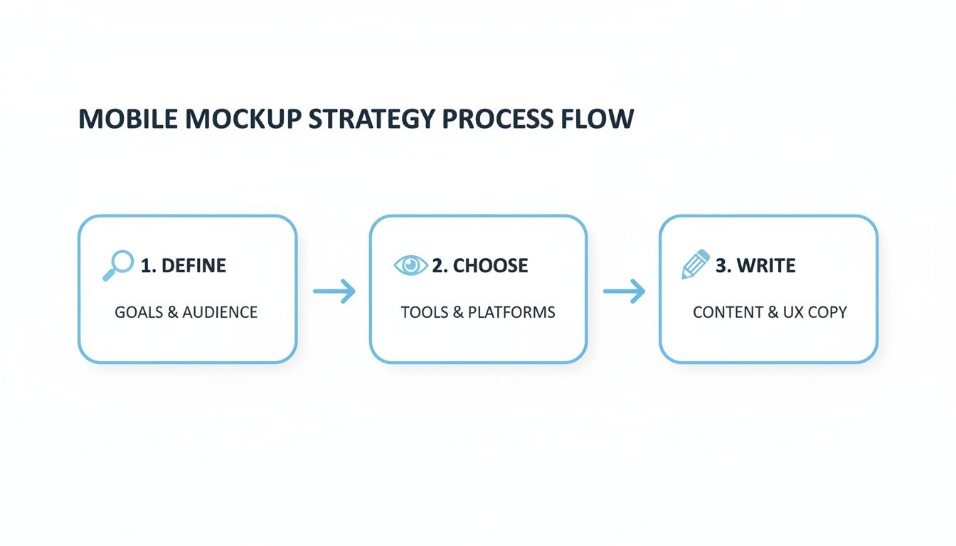 A three-step mobile mockup strategy process flow illustrating define, choose, and write stages.