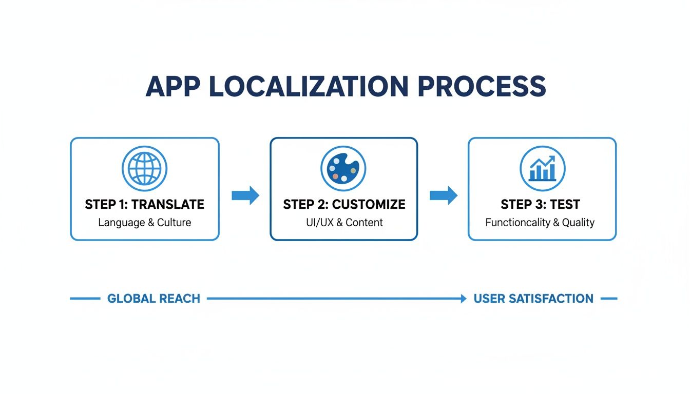 A flowchart detailing the three-step app localization process: translate, customize, and test, leading to user satisfaction.