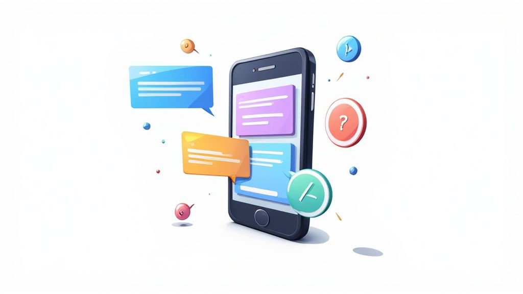 Three-dimensional smartphone with colorful chat bubbles and notification icons floating around mobile screen