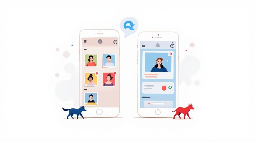 Two smartphones display social media profiles, featuring various users and a 'Q' logo with stylized blue and red dogs.