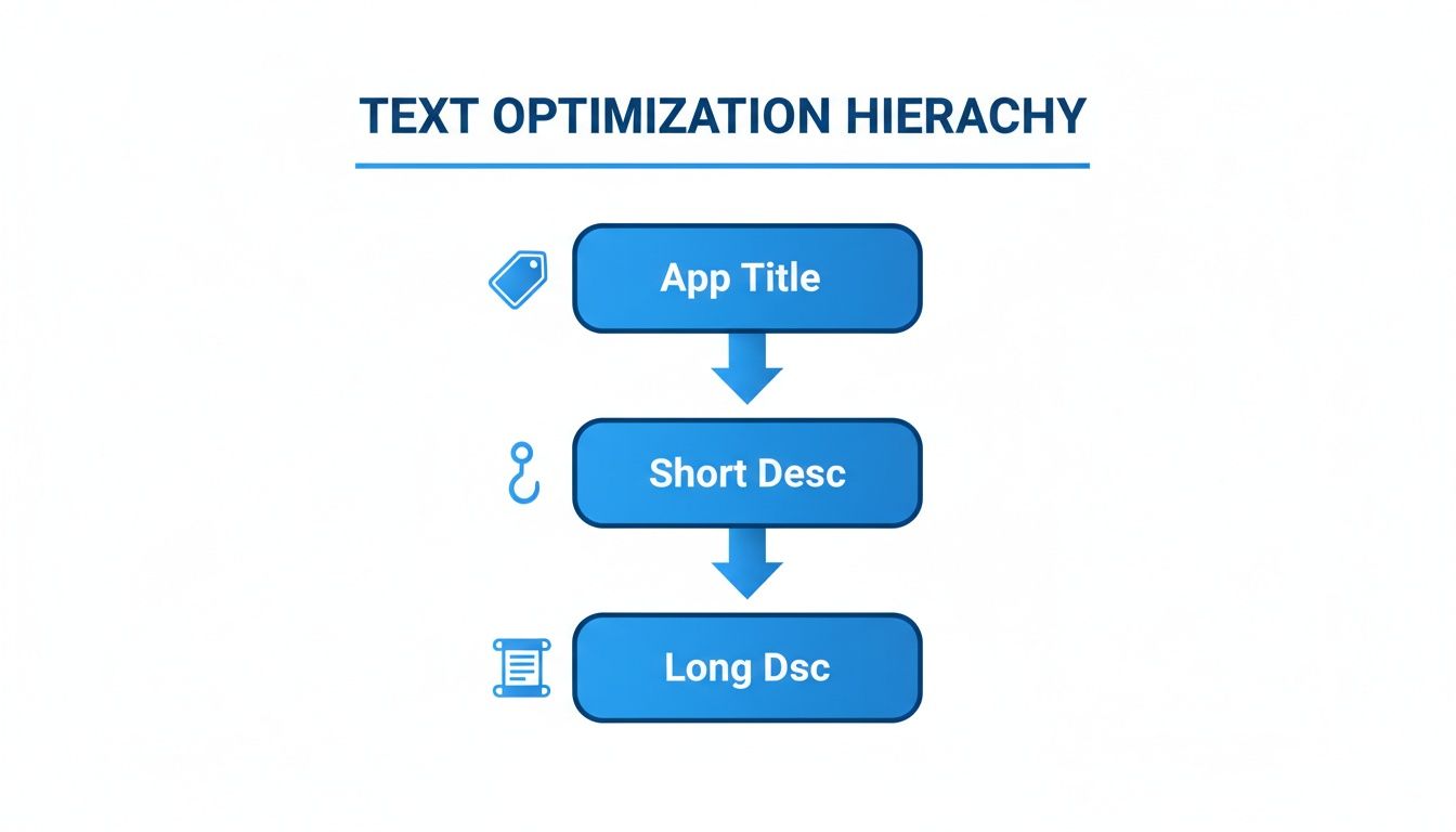 A flowchart illustrating the text optimization hierarchy, showing app title, short description, and long description for ASO.