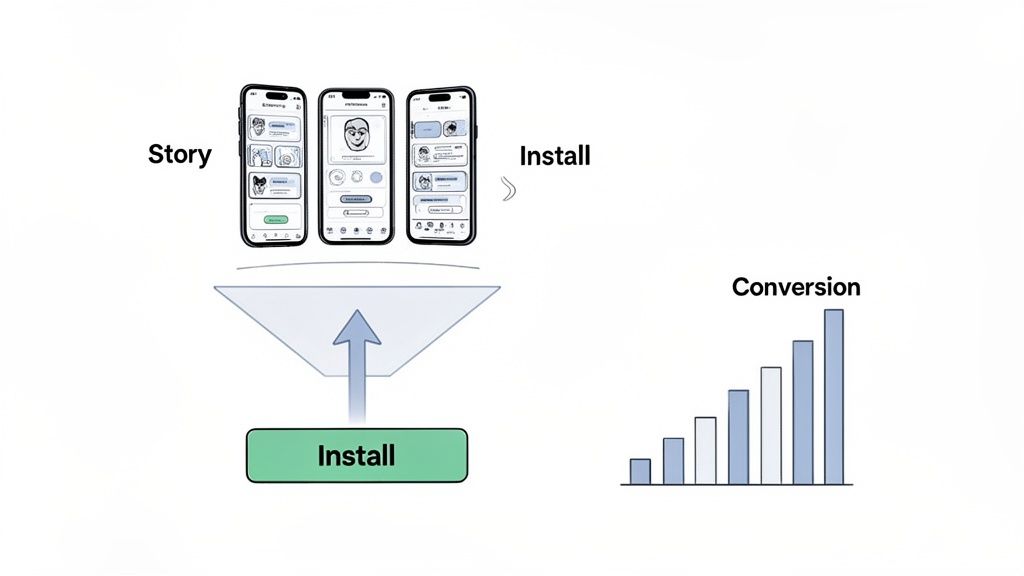A diagram illustrates the app marketing funnel: story content leads to installs, driving conversion growth.