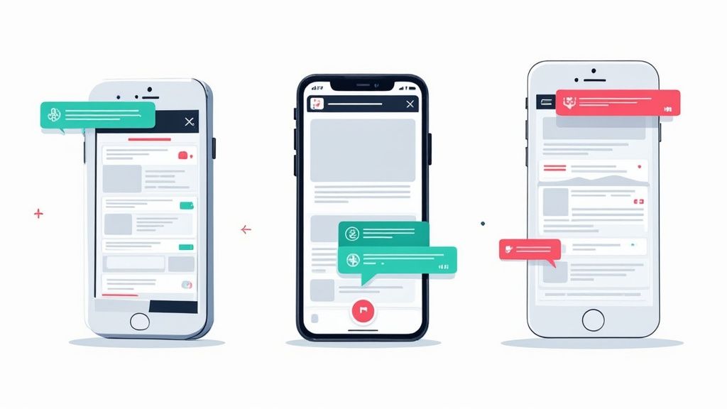 Illustration of three mobile phones displaying app interfaces, chat bubbles, and notifications.