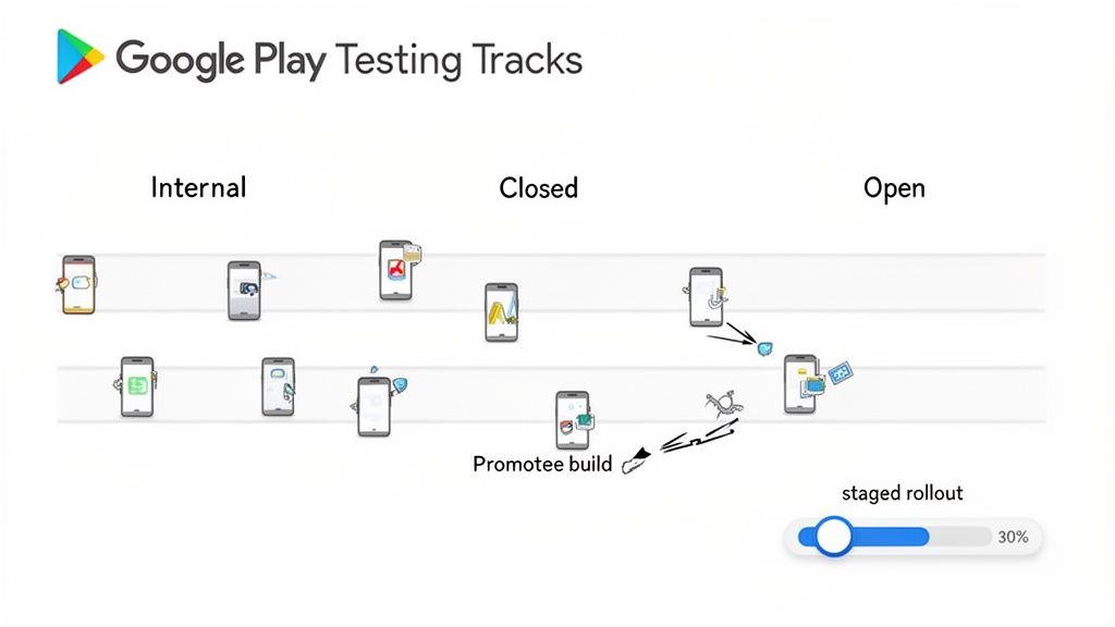 Diagram illustrating Google Play app testing tracks: Internal, Closed, and Open, with build promotion and staged rollout.