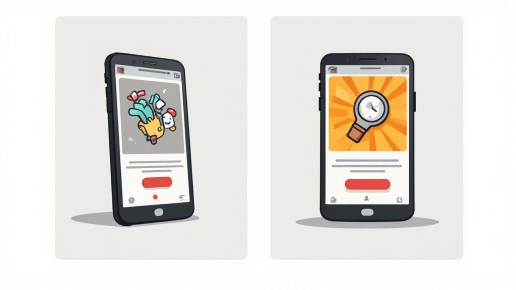 Two smartphone mockups displaying colorful app interface designs with illustrations and call-to-action buttons