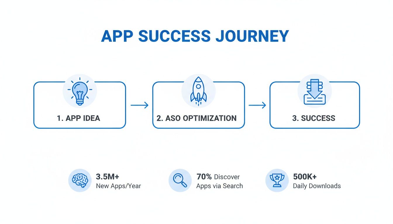 Infographic showing the app success journey steps: idea, ASO optimization, and success, with app market statistics.