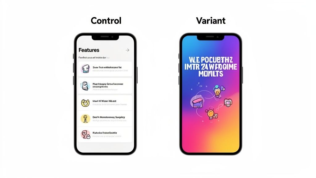 Two mobile phone screens for A/B testing: Control displays a feature list, Variant shows an abstract design.