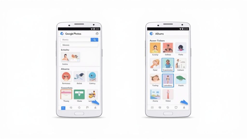 Two white Android phones display the Google Photos app, showing album organization and search features.