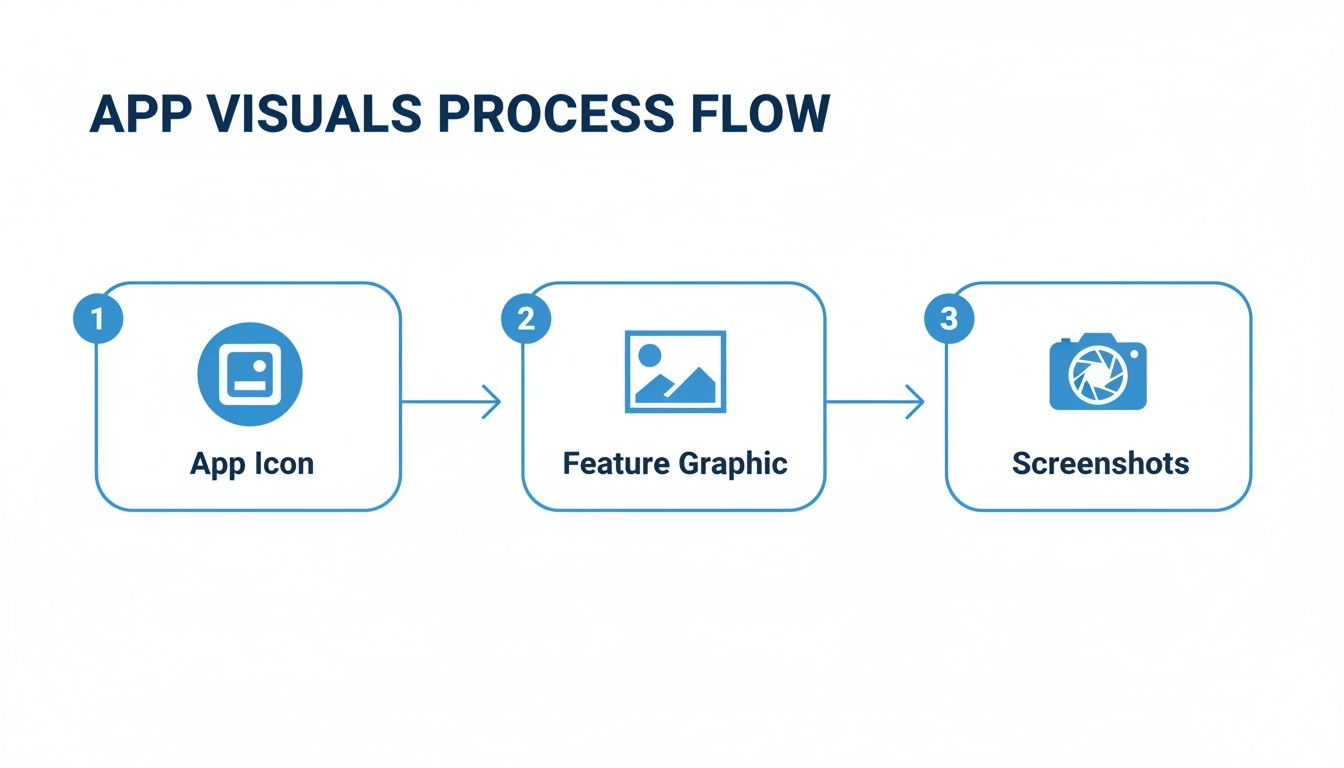 A diagram illustrating the app visuals process flow, including steps for App Icon, Feature Graphic, and Screenshots.