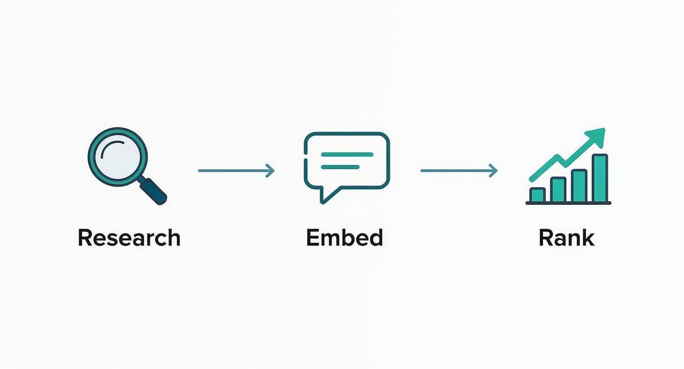 Infographic about the ASO process, showing steps for Research, Embedding keywords, and Ranking higher.