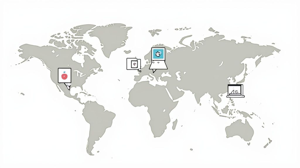 World map showing connected laptops and devices displaying app icons across different global regions