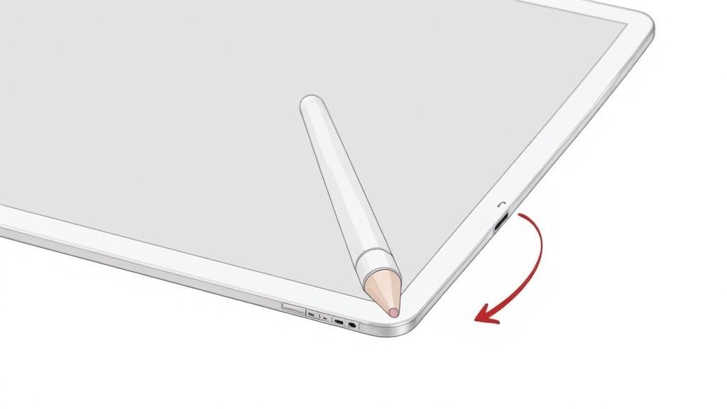 A hand holding an Apple Pencil swiping from the bottom corner of an iPad screen, with vibrant colors indicating the motion.
