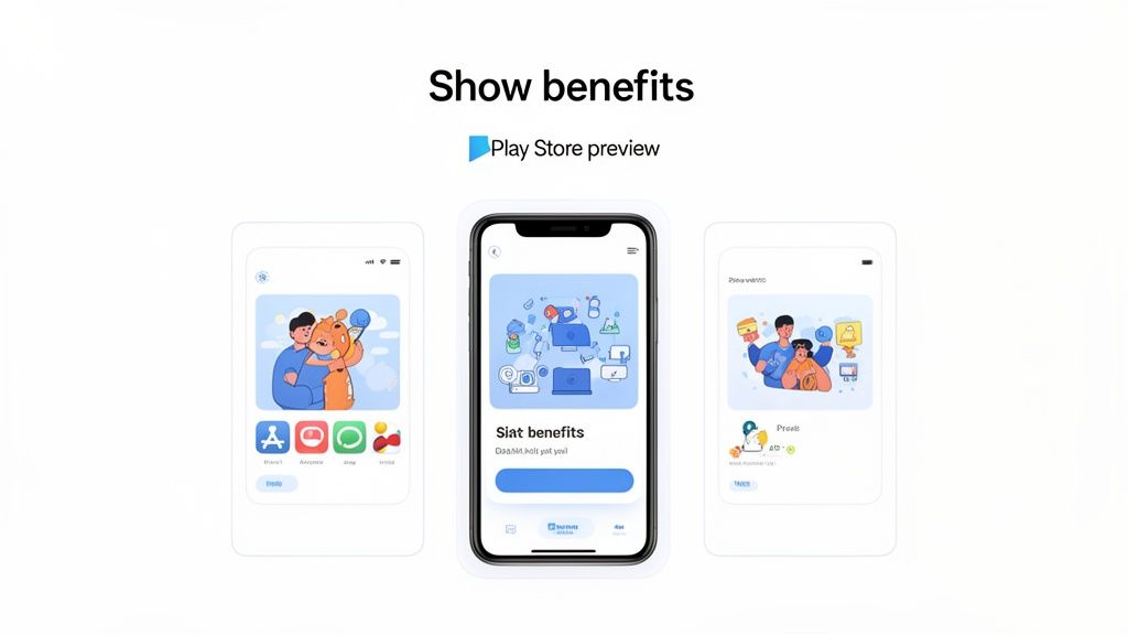 Three mobile phone screens showcasing app benefit previews with various cartoon illustrations and Play Store branding.