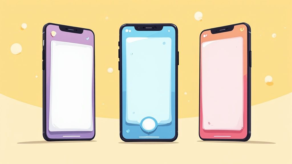 Three colorful cartoon smartphones in purple, blue, and pink with blank screens on a yellow background.