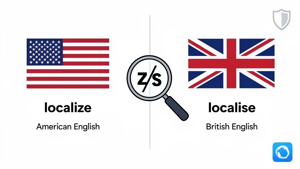 A visual comparison of American English 'localize' and British English 'localise' spelling with flags.